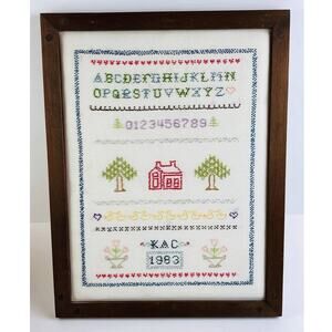 VNTGE Needlework Sampler Embroidery Baby Room Kids Framed Art FARMHOUSE 1983